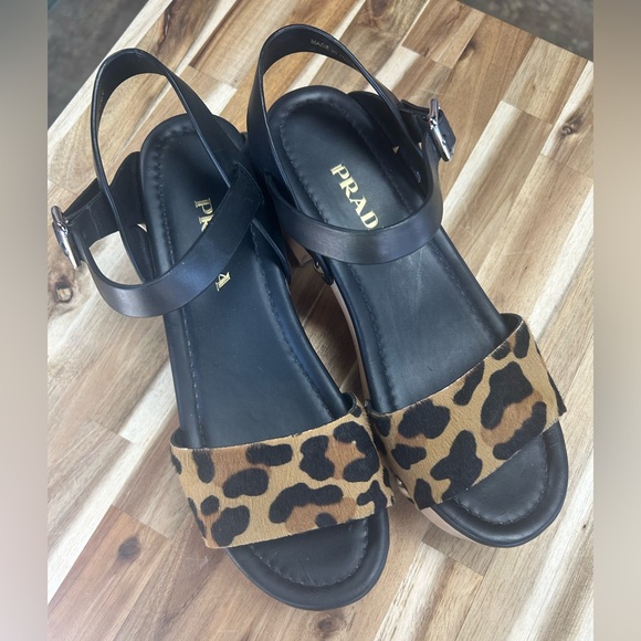 Prada Wood Studded Pony Hair Leopard Leather Buckle Clog Sandals RARE - Picture 2 of 8